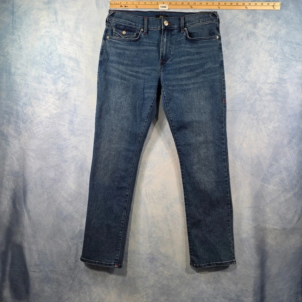 True Religion Ricky Relaxed Straight Jeans Blue Red Horseshoe Stitching Mens‎ 34